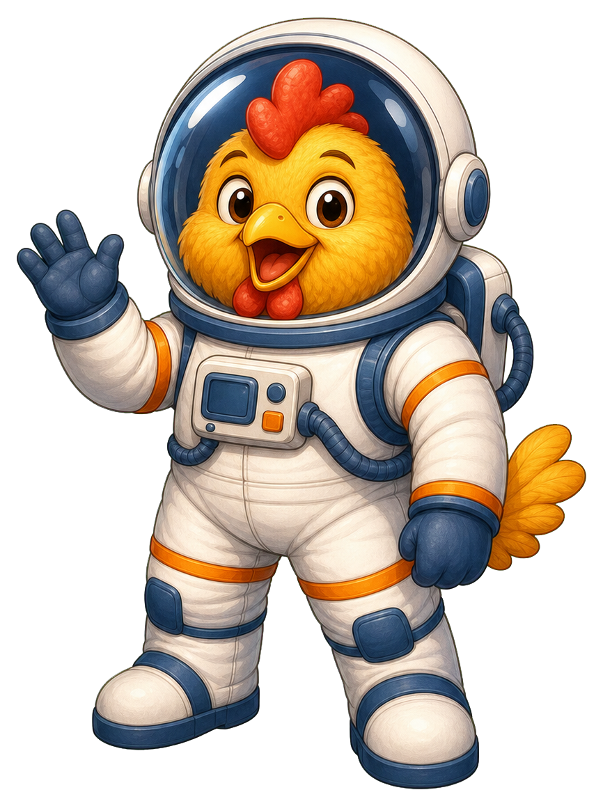 Cartoon chicken wearing an astronaut suit and waving one wing