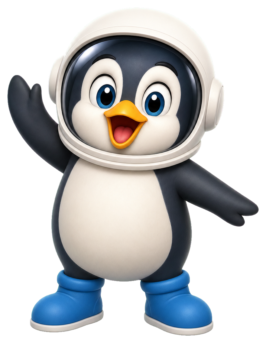 Cute penguin wearing an astronaut helmet and blue boots with one arm raised.