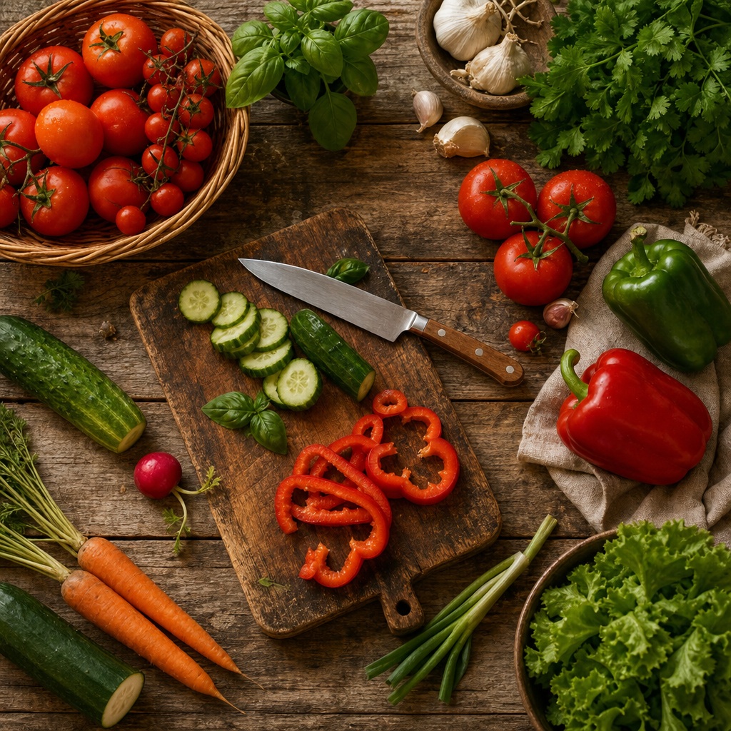 Rustic vegetables, tomatoes, peppers, carrots, herbs, and garlic arranged on a wooden tabletop.