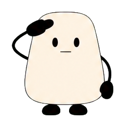 Cream-colored rounded character with black eyes and a raised salute pose.