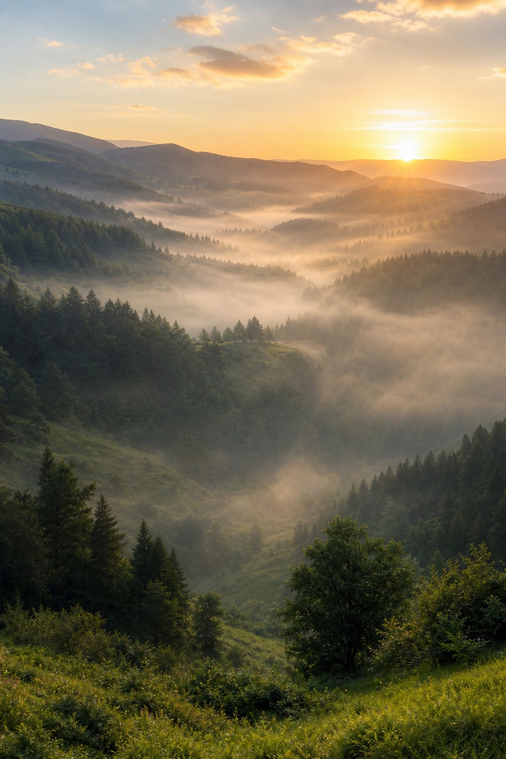Preview for Misty Forest Valley Sunrise Background