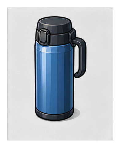 Blue coffee thermos with a dark lid and handle on a black background.