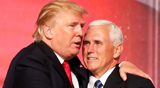 Donald Trump speaking beside Mike Pence with an arm around his shoulder against a red background.