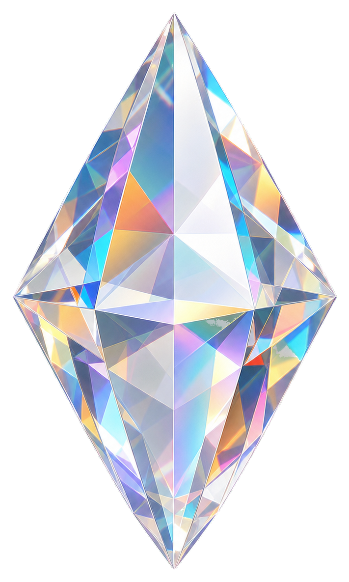 Faceted clear prism stone with iridescent reflections and a pointed diamond shape
