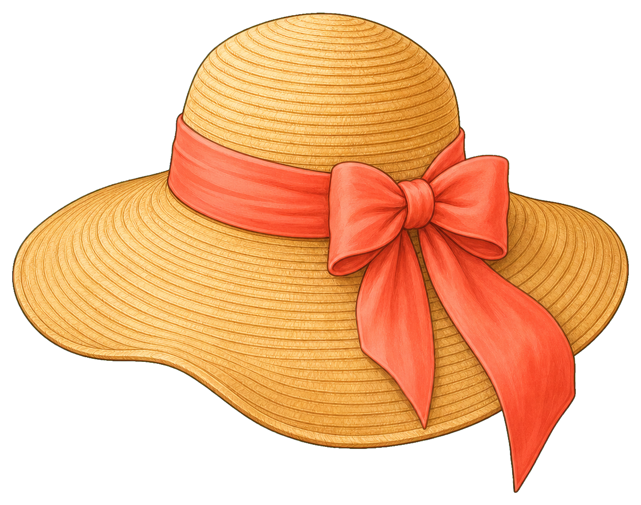 Straw sun hat with a pink ribbon bow and flowing tie on the side