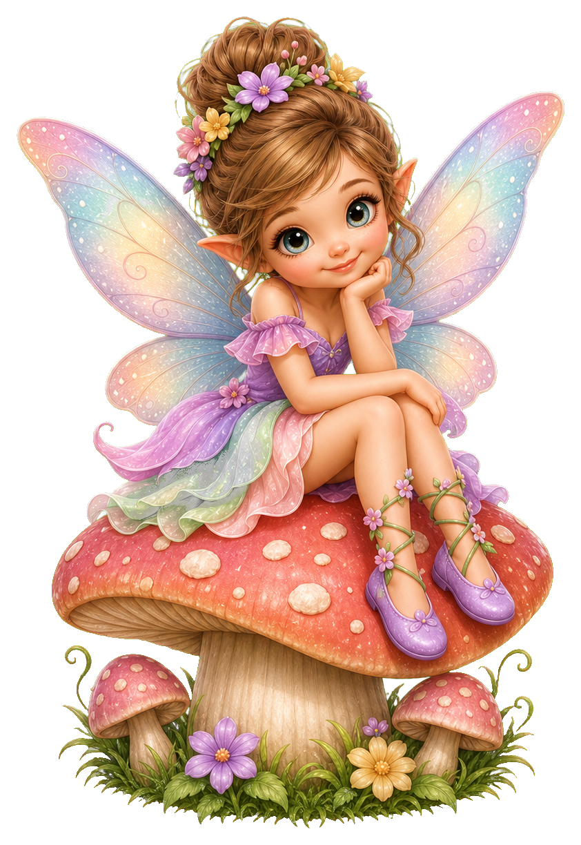 A cute fairy sitting on a pink mushroom perch with pastel wings and flowers.