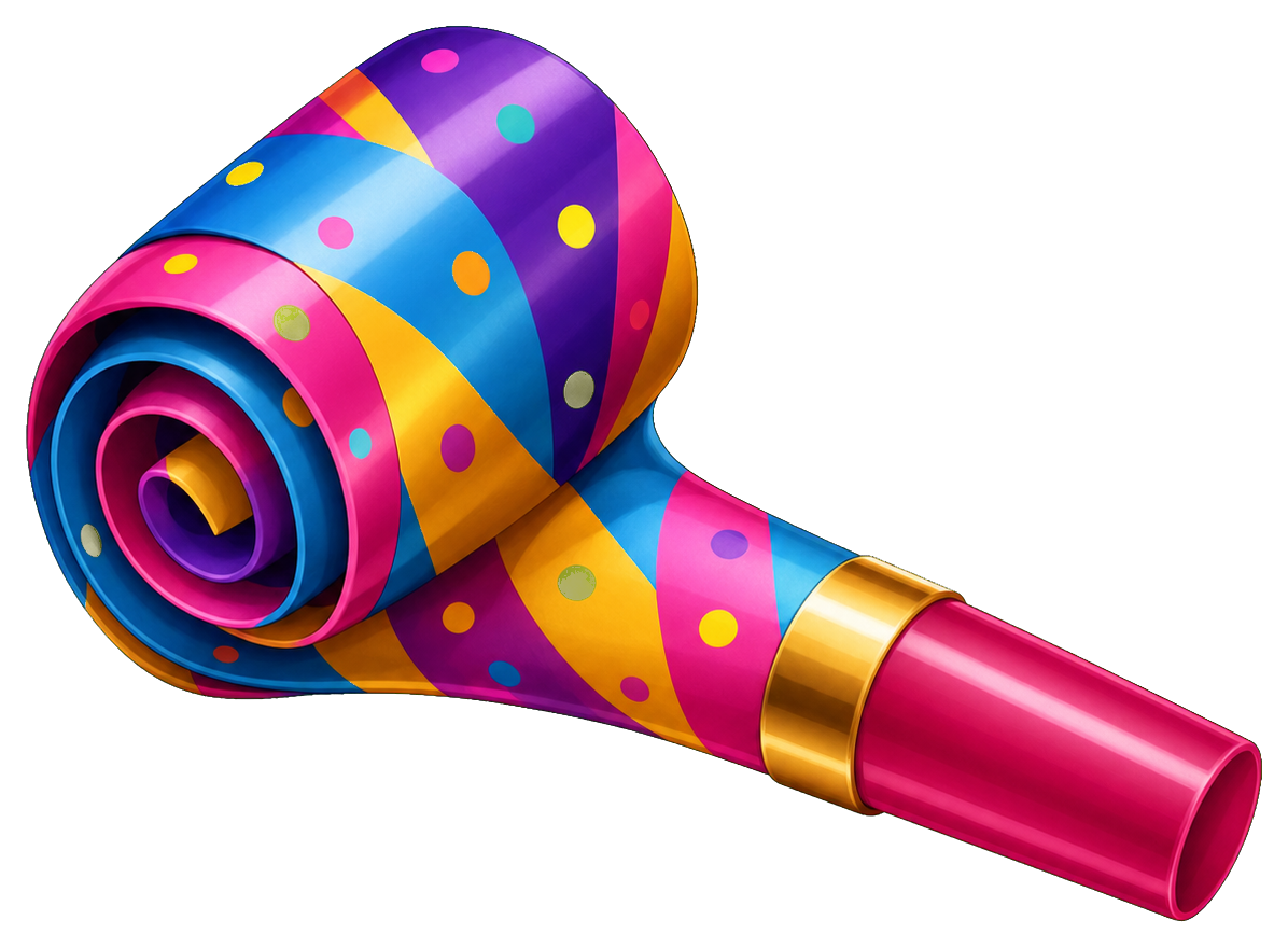 Colorful striped party whistle sticker with bright confetti dots