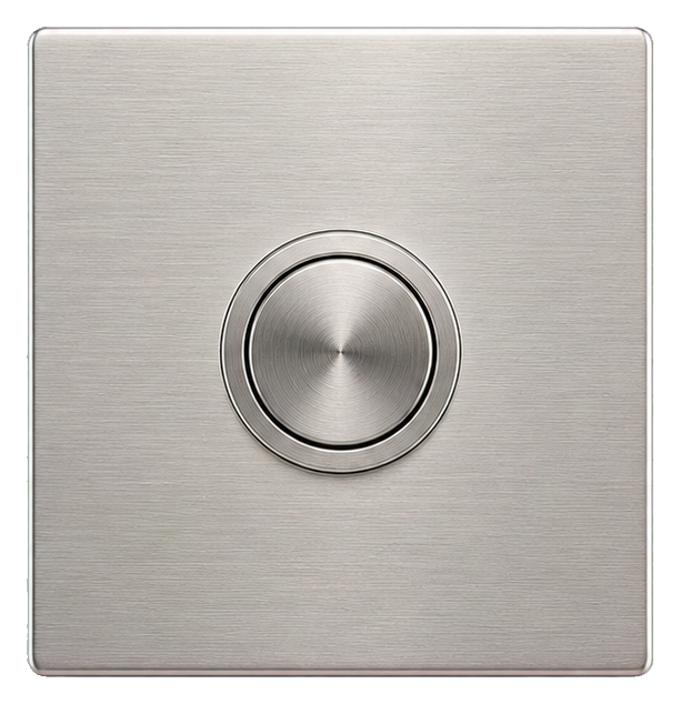 Realistic metal doorbell button on a square brushed silver plate