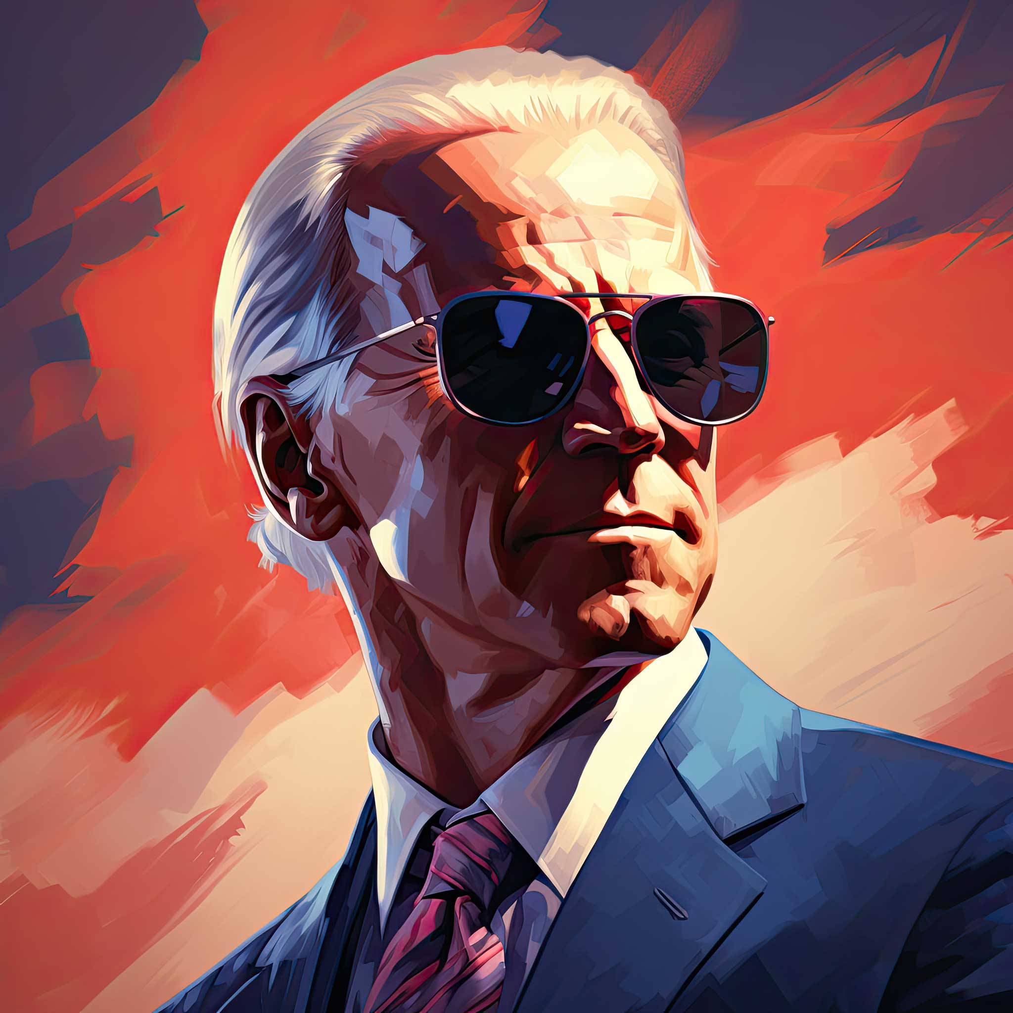Stylized portrait of Joe Biden wearing sunglasses, a suit, and a tie against a painted red and blue background.