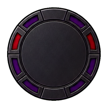 Round dark arcade token with purple and red accent segments