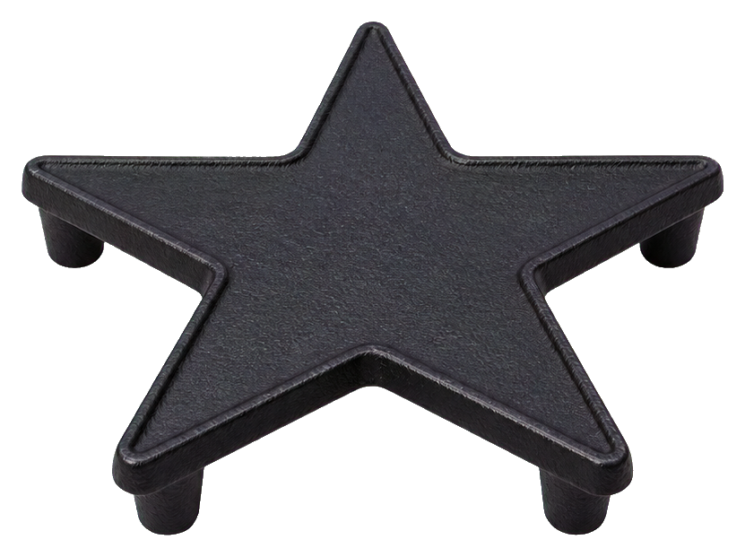 Black cast iron star-shaped trivet on a white background