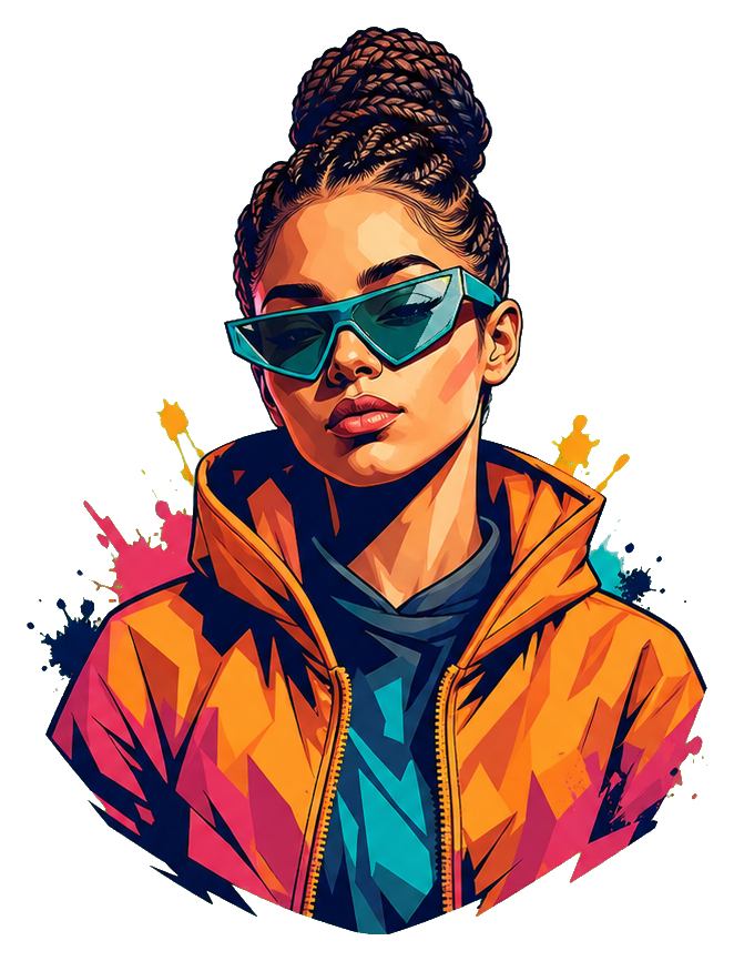 Colorful hip hop portrait of a person with braided bun and sunglasses in an orange jacket