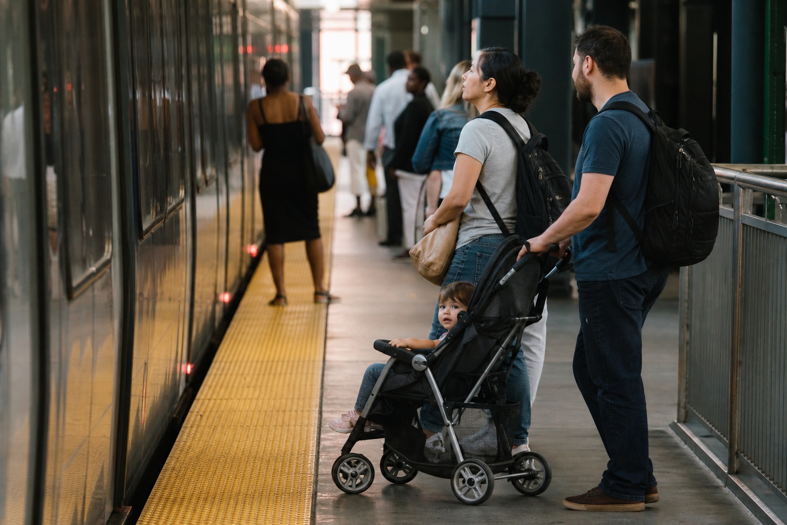 Commuters and a parent with a stroller waiting on a subway platform beside a train