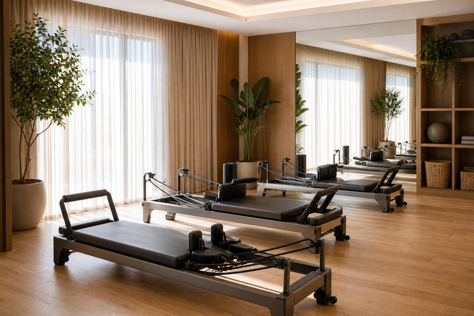 Bright pilates studio with reformers, wood floors, mirrors, and plants