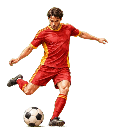 Soccer player in red uniform kicking a soccer ball with one leg raised.