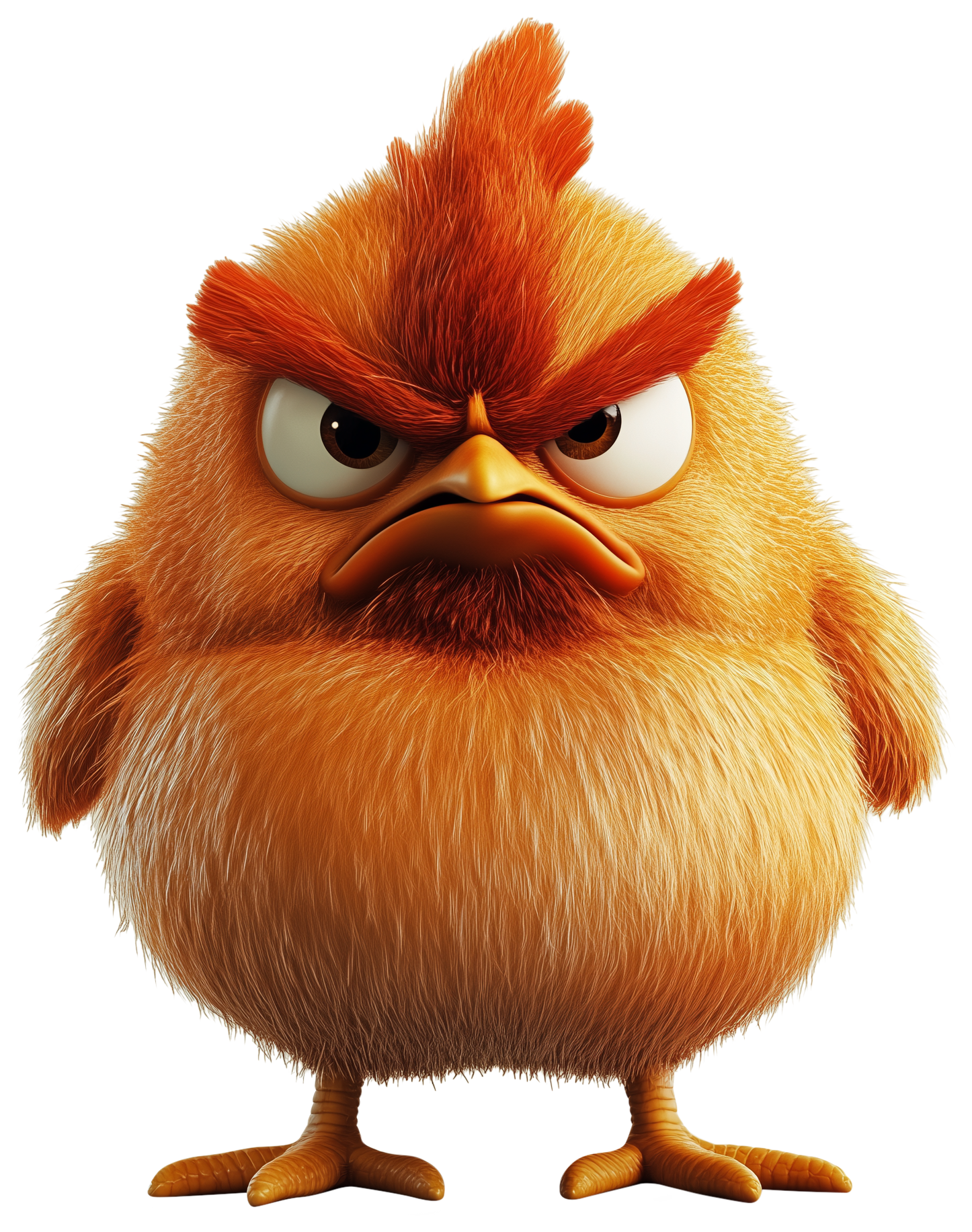 Angry fluffy orange chicken with furrowed brows and small feet