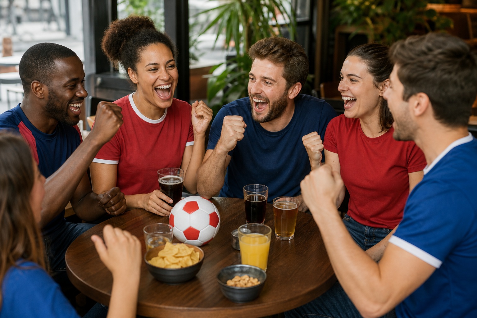 Four friends cheering around a table with a soccer ball and drinks in a cafe