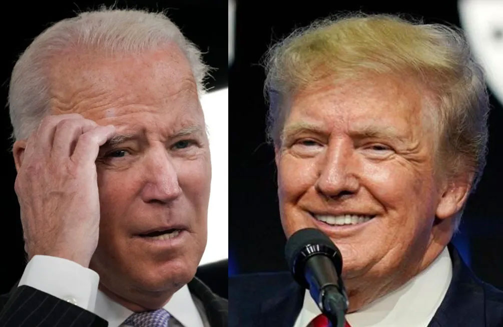 Split portrait of Joe Biden and Donald Trump with a microphone in front