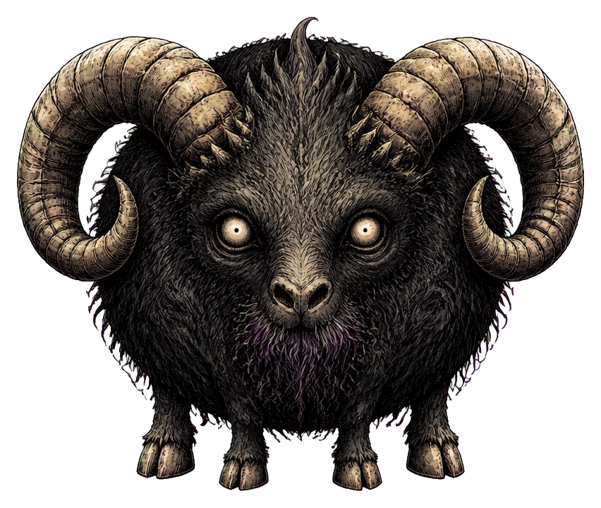 Dark furry ram with curled horns and glowing eyes facing forward