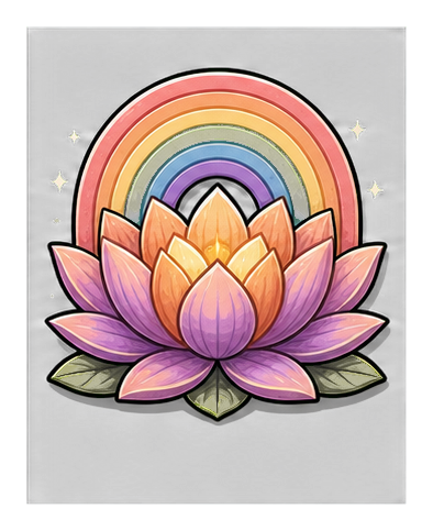 Colorful lotus flower with a rainbow arch above it on a black background