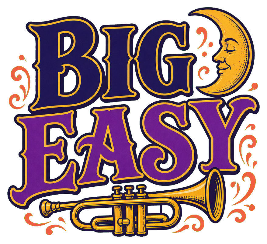 Retro Big Easy text with an illustrated trumpet and decorative flourishes