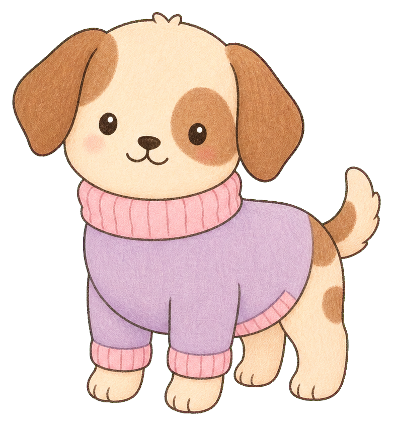 Cute kawaii puppy wearing a cozy pink sweater and lavender pants