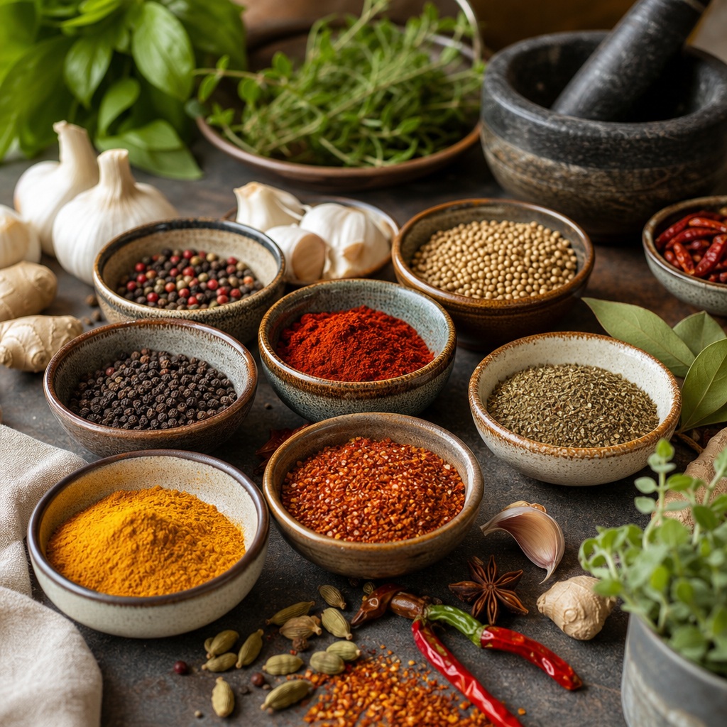 Fresh ingredients and spices arranged in ceramic bowls on a warm kitchen prep surface
