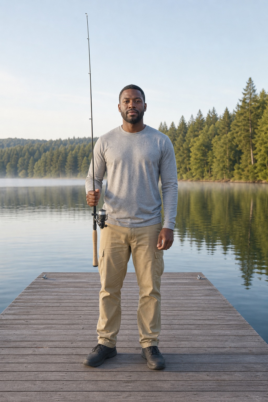 Man standing on a wooden dock holding a fishing rod beside a calm lake and forest