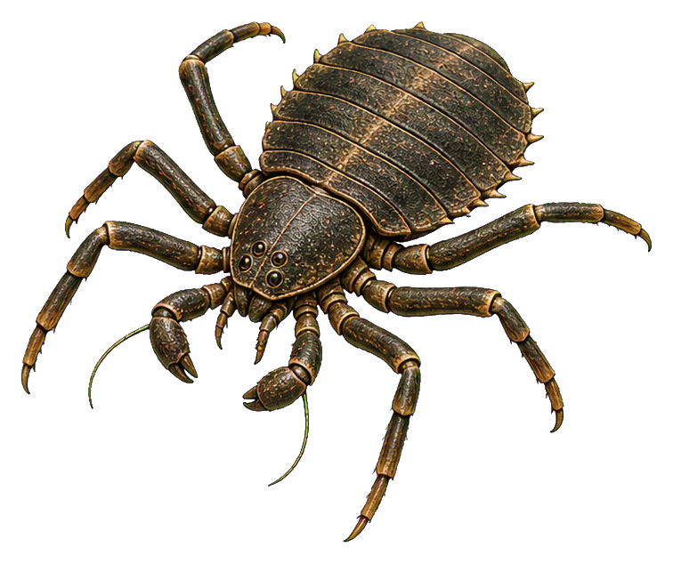 Armored prehistoric arachnid sticker with a rounded body and eight legs