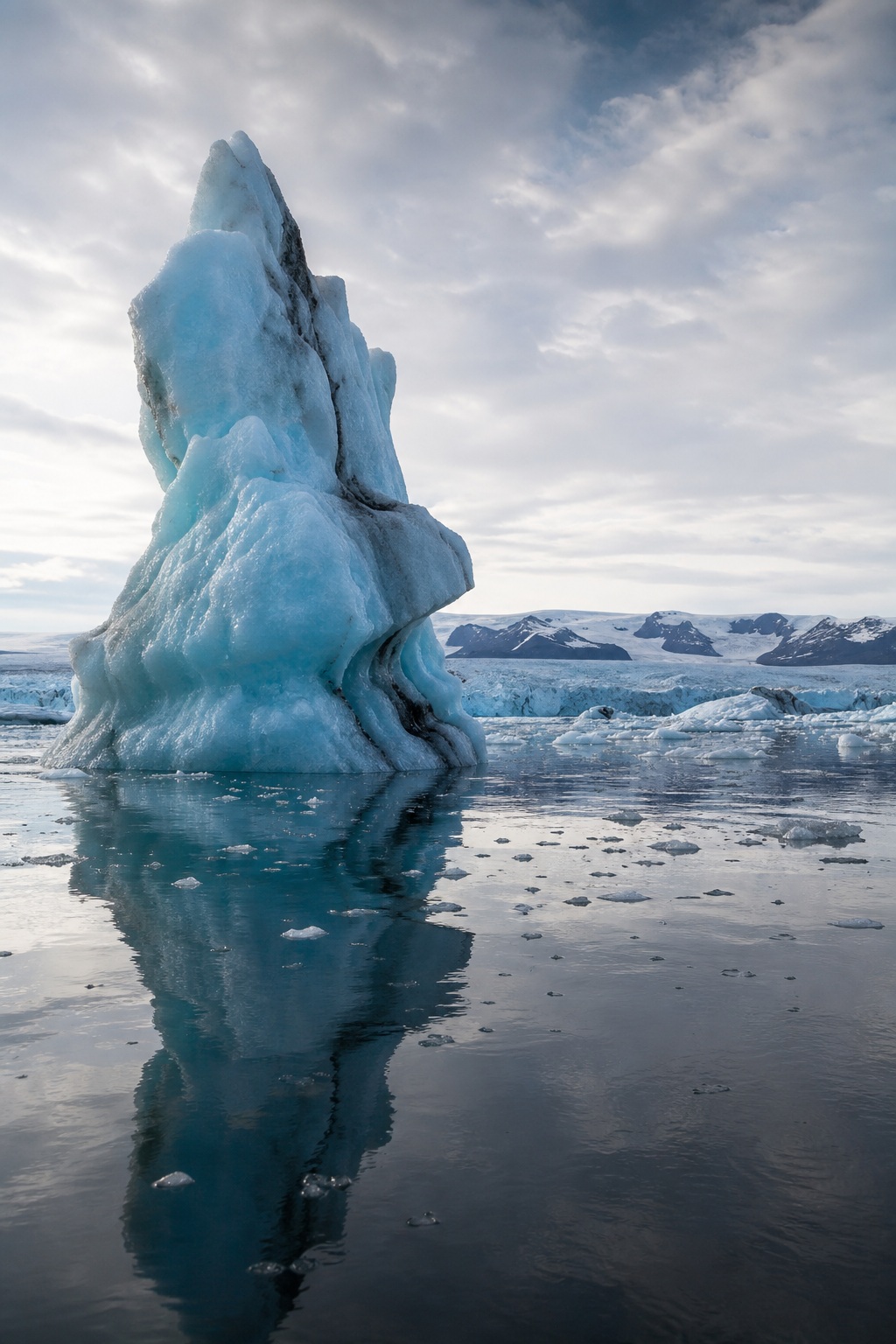 Tall blue iceberg rising from calm polar water with a mirrored reflection