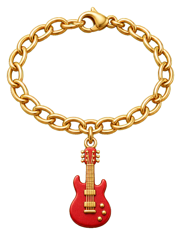 Gold chain necklace with a red electric guitar charm hanging from it