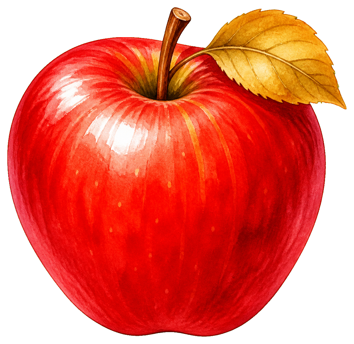 Shiny red apple with a leaf and stem