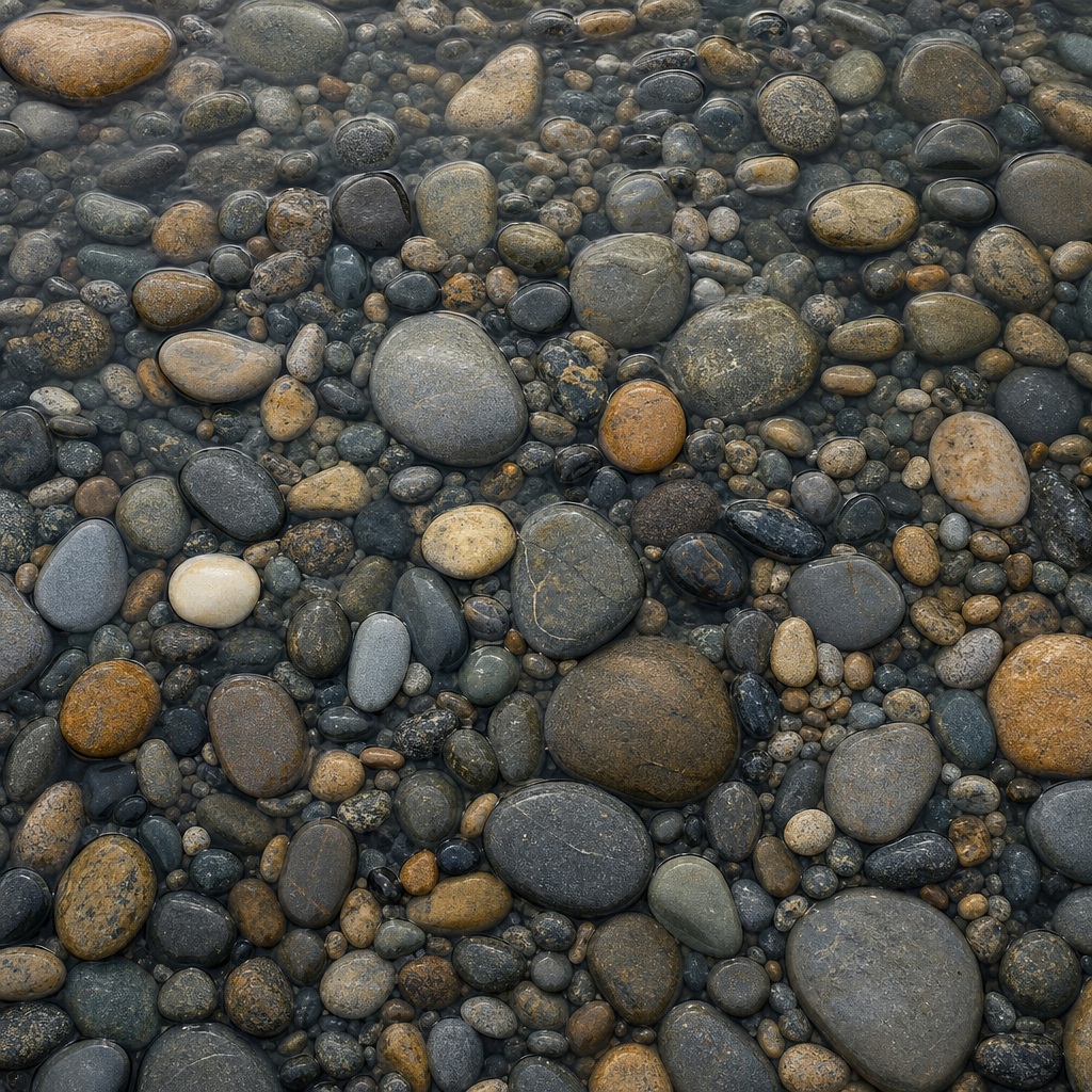 Dark wet river pebbles and smooth stones filling the frame
