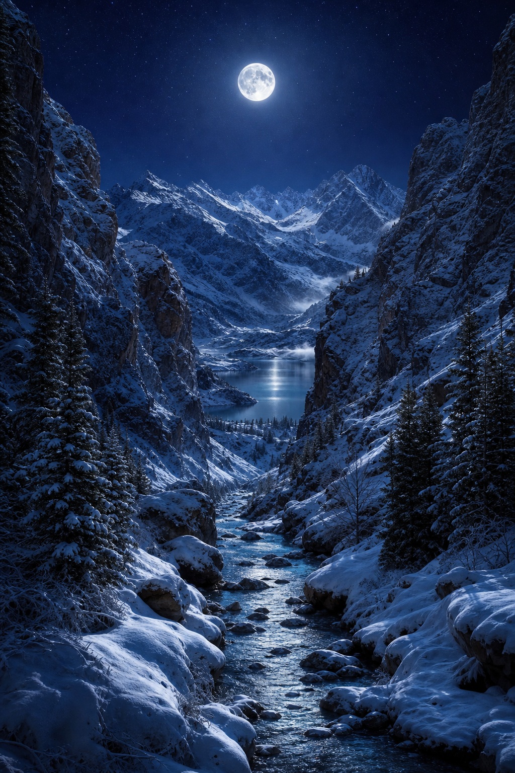 Snowy mountain canyon under a bright full moon with a frozen stream below.