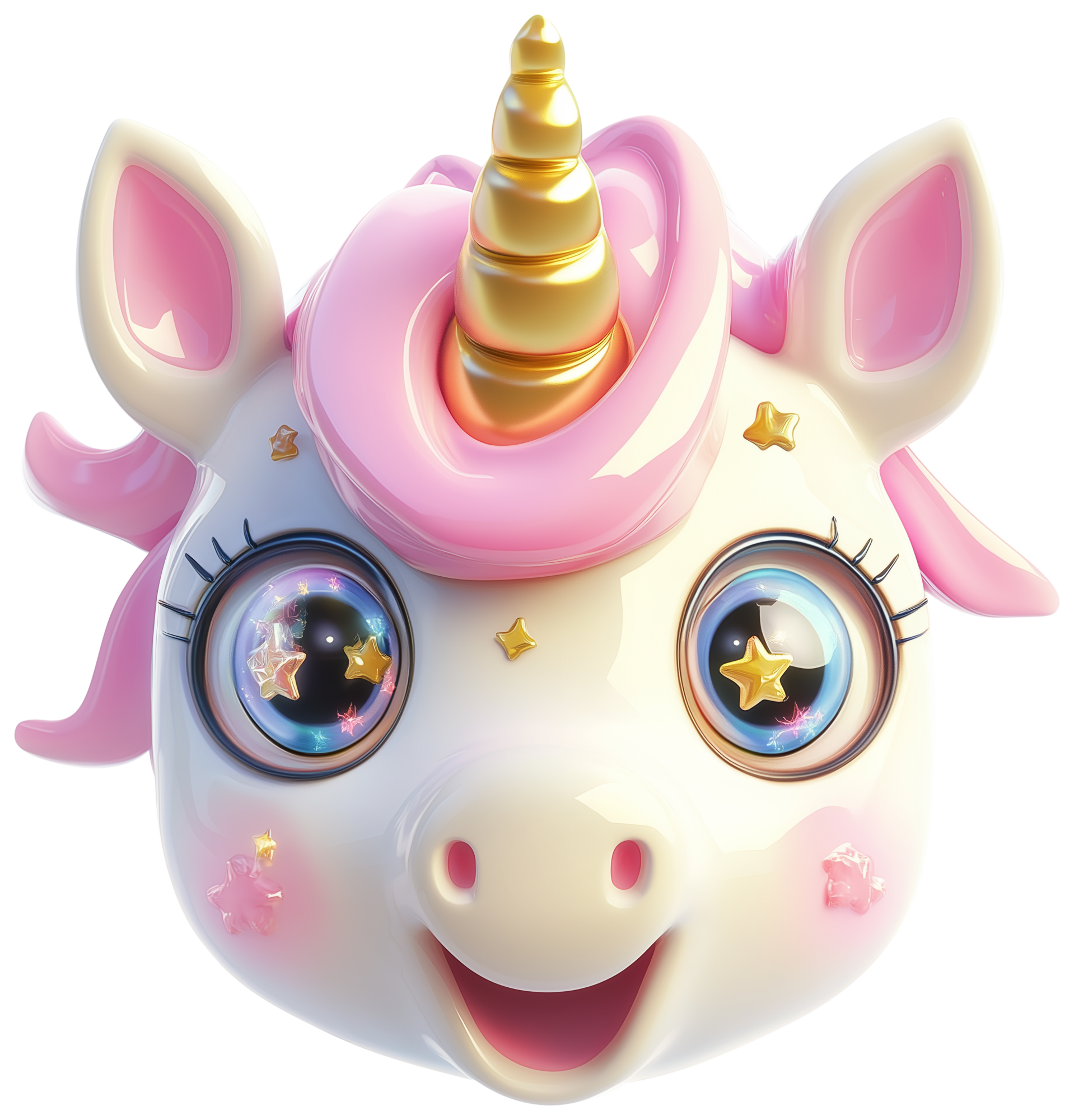 Cute cartoon unicorn emoji sticker with pink hair, golden horn, and starry eyes.