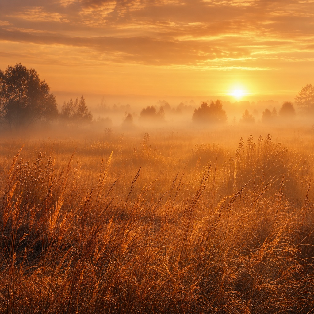 Golden sunrise over a foggy meadow with amber grass and a misty horizon