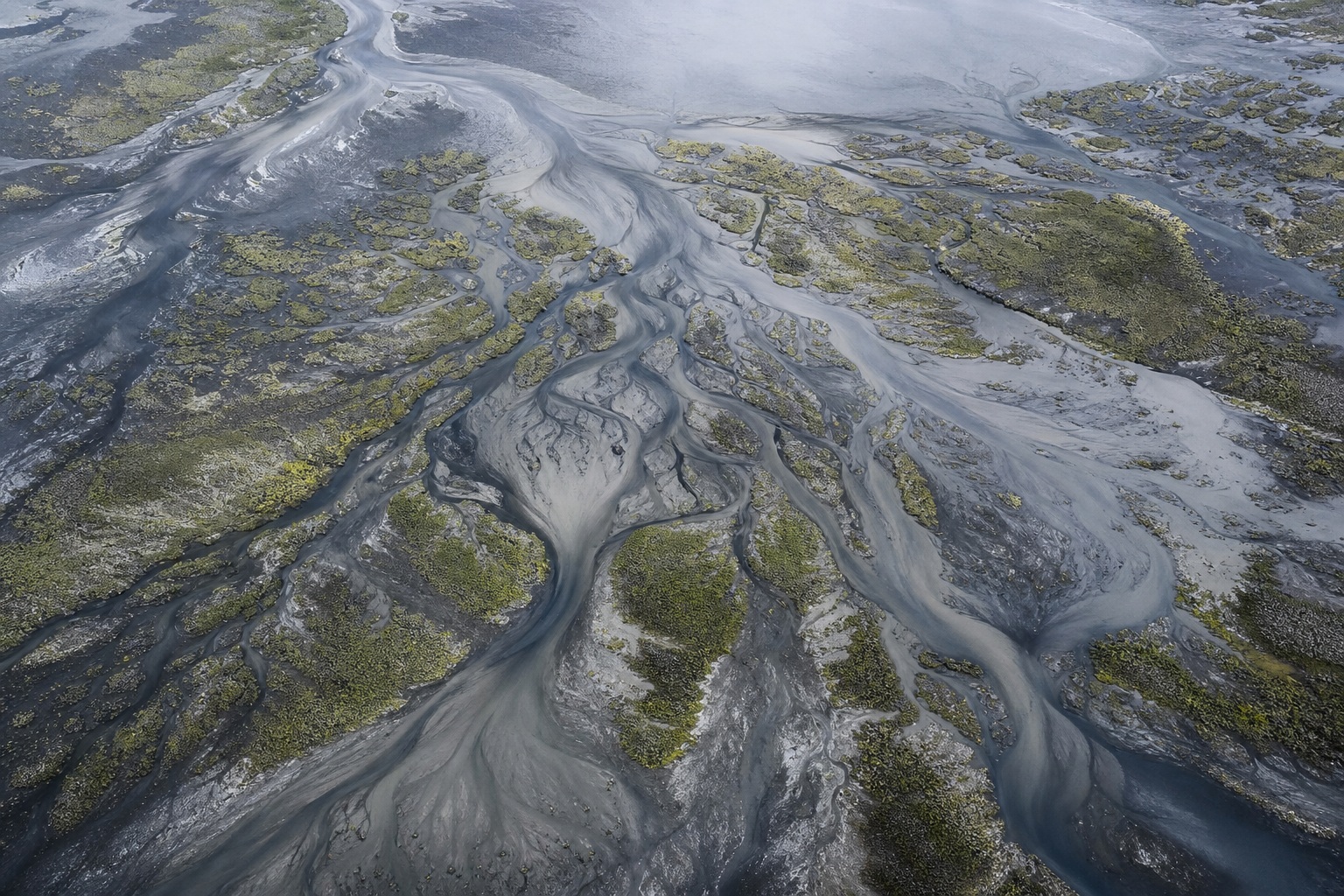 Aerial view of a river delta with branching water channels and silvery overcast tones.