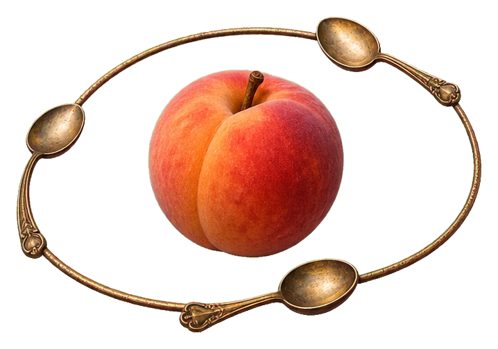 A peach with three spoons orbiting around it in a surreal loop.