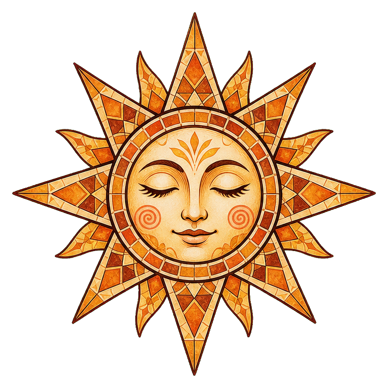 Ornamental sun face with orange geometric rays and tile pattern details