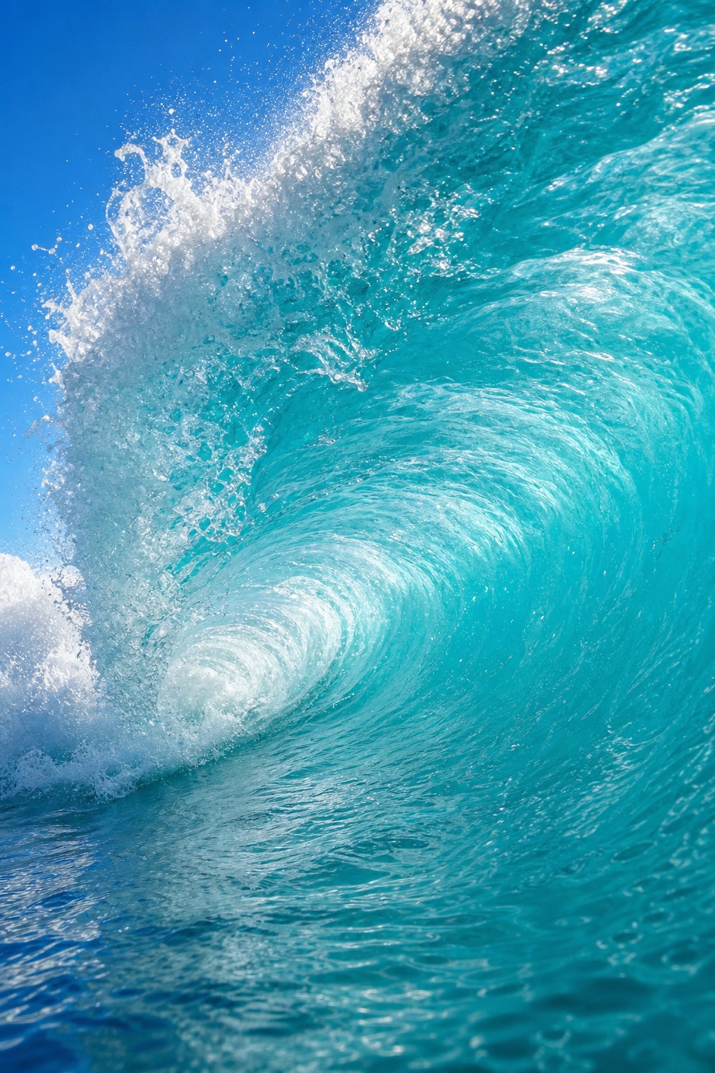 Turquoise ocean wave curling with white sea foam and textured water