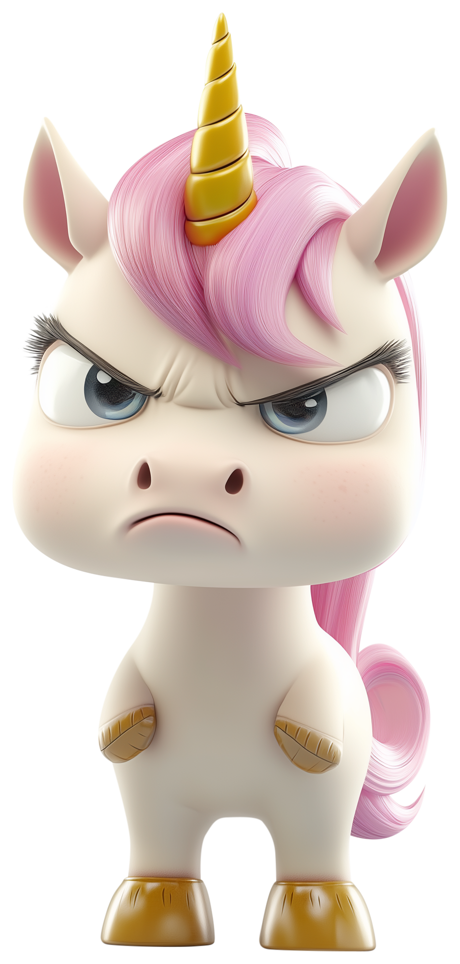Angry 3D unicorn with pink mane, gold horn, and stern expression