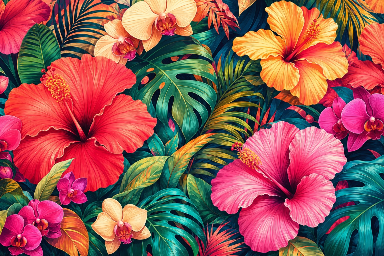 Bold tropical hibiscus flowers and lush green foliage in a bright floral background