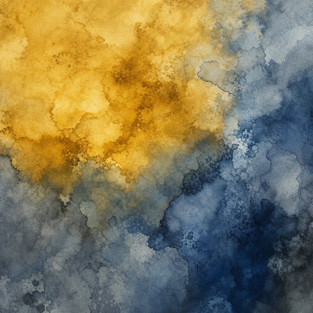 Abstract watercolor wash with gold, blue, and gray textured cloud-like forms