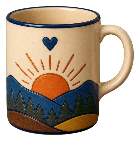 Illustrated mug with a sunrise, mountains, pine trees, and a small heart on the cup.