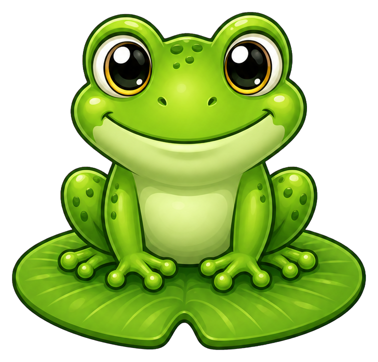 Cute cartoon frog sitting on a green lily pad