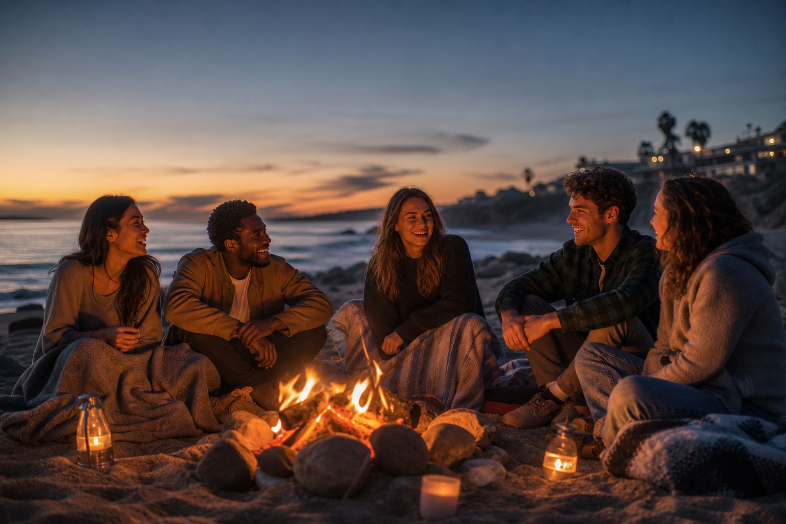 Group of friends sitting around a small bonfire on a beach at dusk.