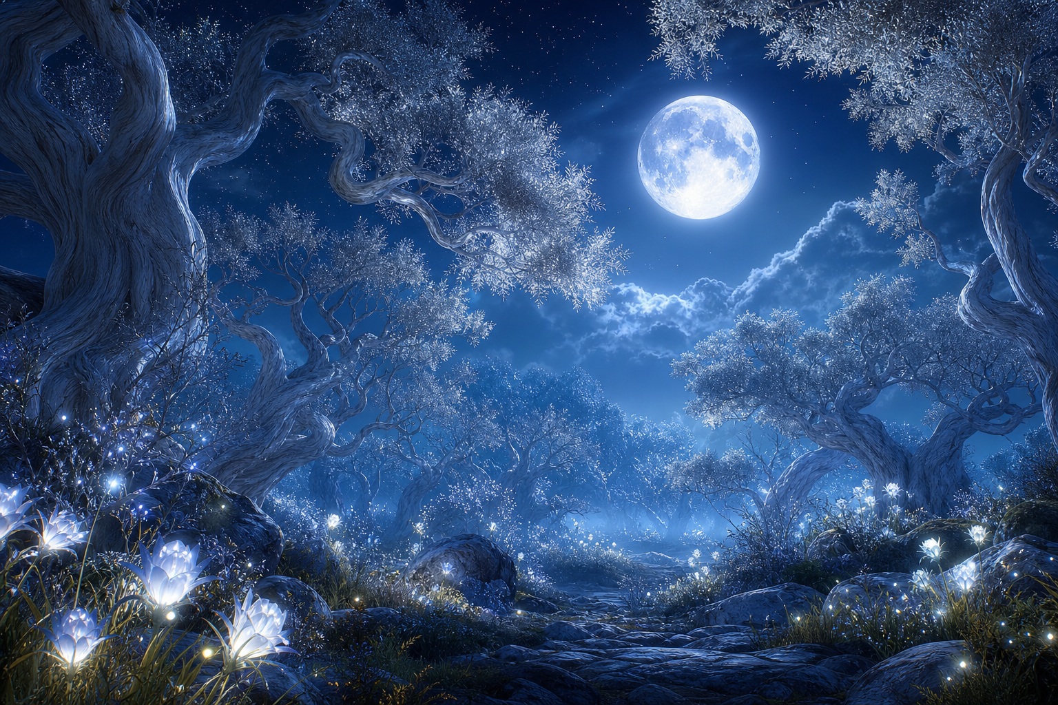 Moonlit fantasy grove with ancient trees, glowing flowers, and silver blue light.