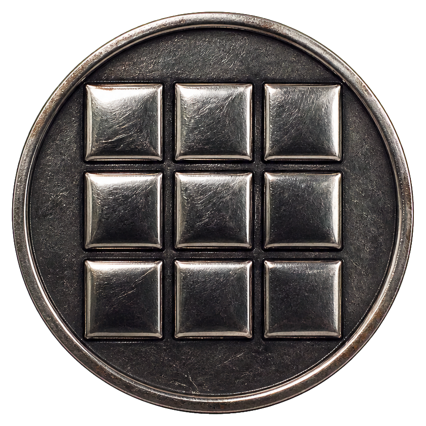 Round blackened silver coin with a raised grid of polished square cells