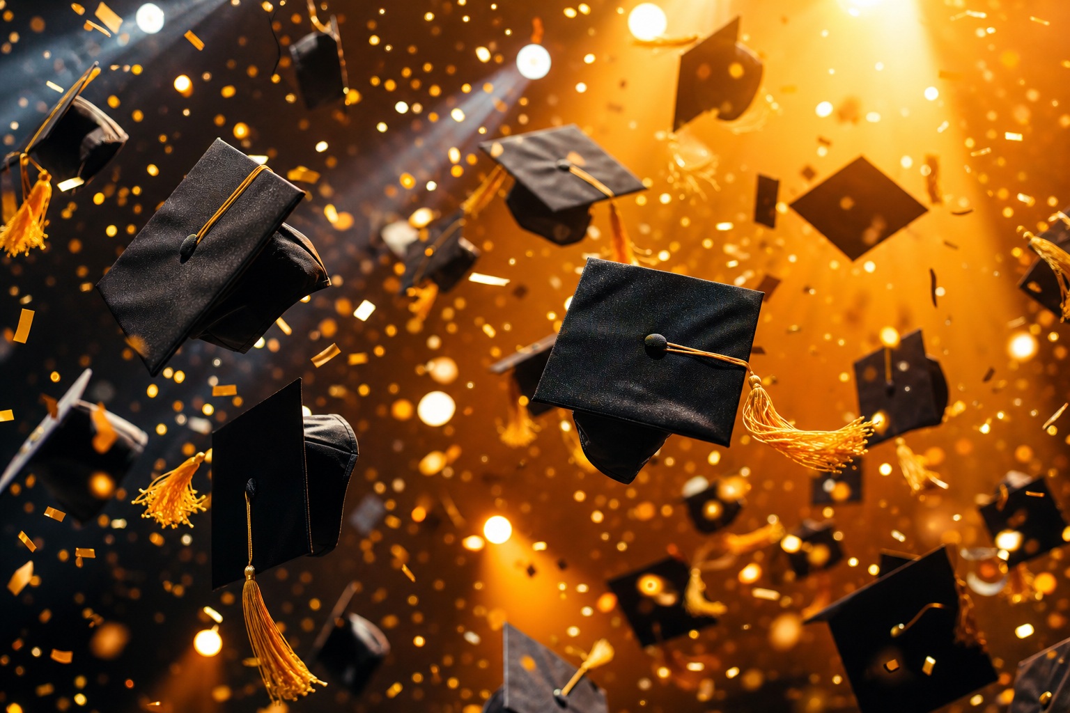 Graduation caps falling through glowing confetti on a festive gold background.