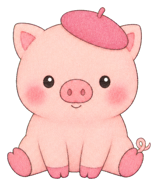 Cute pink pig sitting with a pink beret on its head